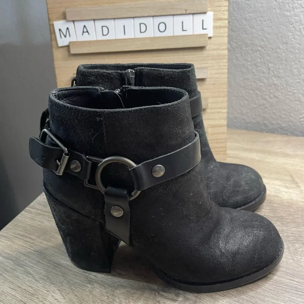 Ash Falcon Women’s 35 Black Suede Harness Ankle Booties Moto